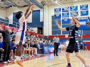 Chartiers Valleys Julius Best takes a shot against Exeter Township in the PIAA Class 5A first round Friday, March 6, 2026. (Antonio Rossetti | For TribLive)