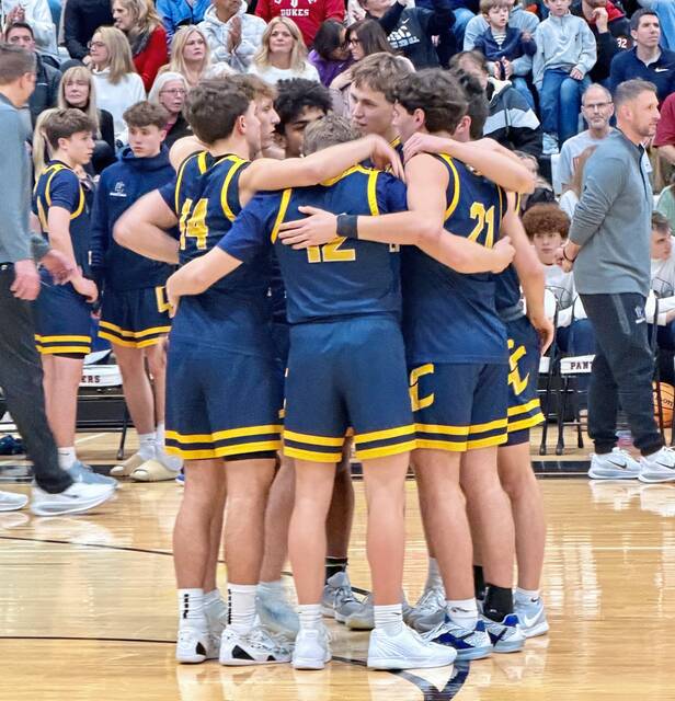 Central Catholic players huddle up before their game with Upper St. Clair on Jan. 16. (Antonio Rossetti | For TribLive)