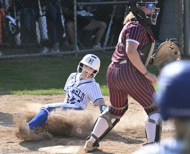 Hempfields Lauren Howard scores the game-winning run against State College during PIAA Class 6A first round action June 2, 2025, at Hempfield Area High School. (Chaz Palla | TribLive)