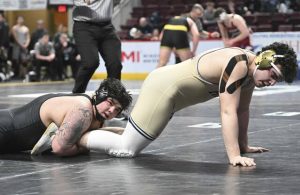 North Alleghenys Bradyn McConneha beats Council Rocks Matthew Scott during a PIAA Class 3A heavyweight quarterfinal Friday at Giant Center. (Chaz Palla | TribLive)