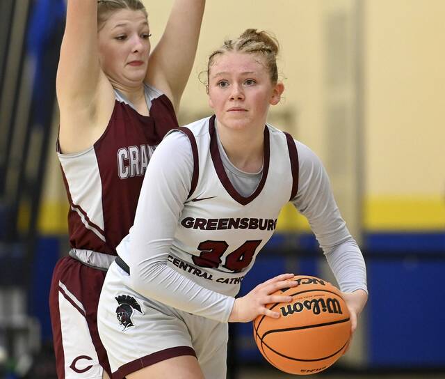 Greensburg Centrals Nolan Althofworks against Cranberrys Jadyn Shumaker during their PIAA Class 3A first round state playoff on Friday, March 6, 2026, at Hampton. (Christopher Horner | TribLive)
