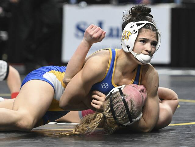 Canon-McMillans Marlee Solomon beats Shippensburgs Olivia Kearns during the PIAA championships Saturday. (Chaz Palla | TribLive)