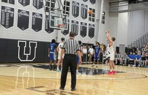 Upper St. Clairs Ryan Robbins shoots a free throw against Cedar Crest in the PIAA Class 6A first round Saturday, March 7, 2026. (Chris Lackner | TribLive)