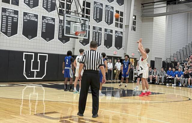 Upper St. Clairs Ryan Robbins shoots a free throw against Cedar Crest in the PIAA Class 6A first round Saturday, March 7, 2026. (Chris Lackner | TribLive)