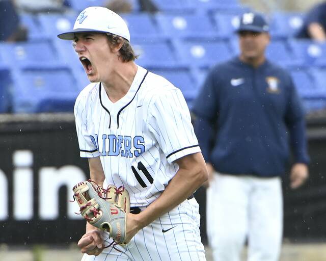 The Seneca Valley pitcher Ryan Rebholz celebrates after getting a strikeout to end the top of the third inning during the WPIAL Class 6A championship game against Norwin on Tuesday, May 27, 2025, at EQT Park. (Christopher Horner | TribLive)