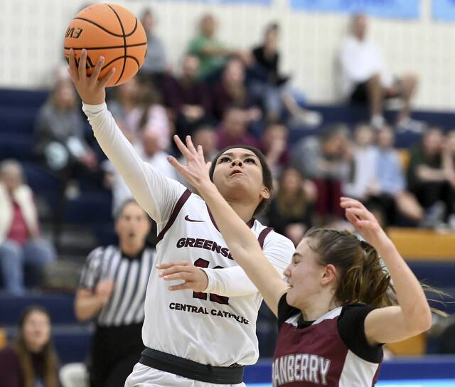 Greensburg Central’s Jayla Peterson scores against Cranberry during their PIAA Class 3A first round state playoff on Friday, Mar. 6, 2026, at Hampton. (Christopher Horner | TribLive)