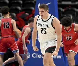 Upper St. Clairs Ryan Robbins celebrates after scoring against New Castle during the WPIAL Class 6A championship game on Friday, Feb. 27, 2026, at Petersen Events Center. (Christopher Horner | TribLive)