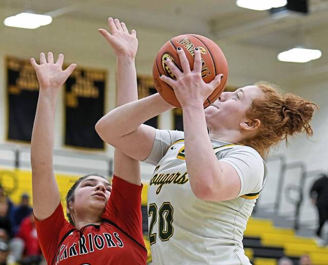 Blackhawks Aubree Hupp (20) attempts a shot over Elizabeth Forwards Mia Sostaric in the WPIAL Class 4A semifinals. (Andrew Palla | For TribLive)