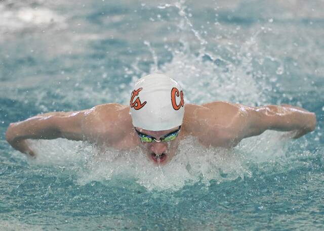 Latrobes Chris Heese swims the butterfly leg of the 200 IM during the WCCA swimming and diving championships Jan. 24 at Derry. (Chaz Palla | TribLive)