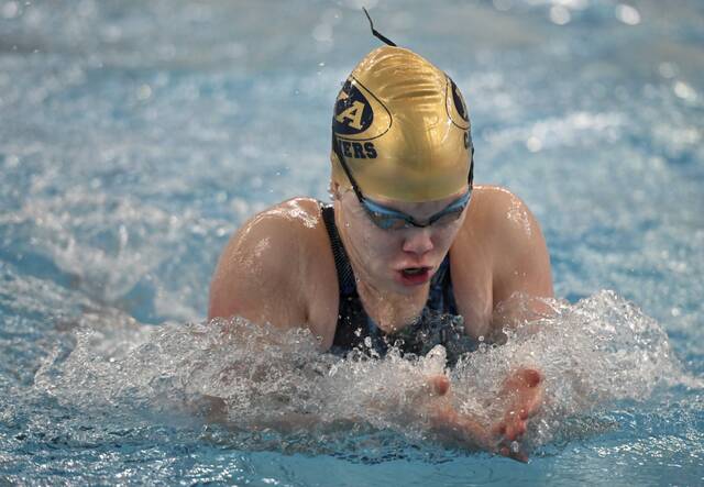 Kiski Areas Leah Kunkle wins the girls 100-yard breaststroke during the WPIAL Class 3A swimming and diving championships Feb. 27 at Pitts Trees Pool. (Chaz Palla | TribLive)
