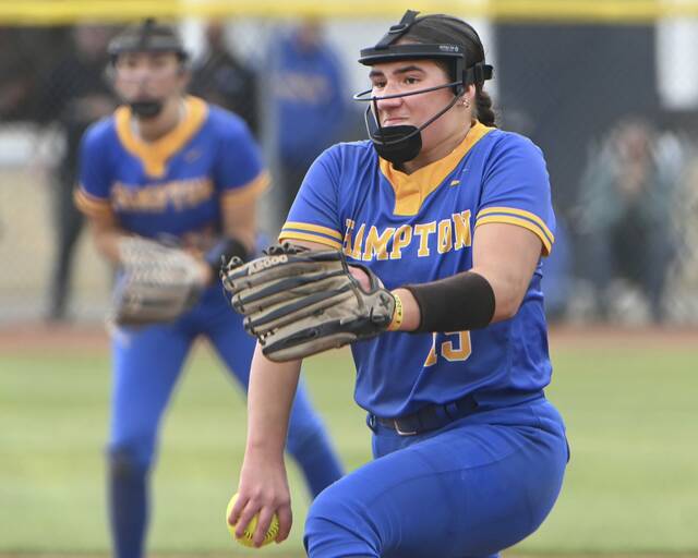 Hampton pitcher Marissa Snyder delivers against Blackhawk during the WPIAL Class 4A championship game on Thursday, May 29, 2025, at North Allegheny. (Christopher Horner | TribLive)