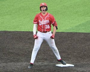 Indianas Charlie Manzi celebrates his double against Elizabeth Forward during the WPIAL Class 4A championship game last season. (Christopher Horner | TribLive)