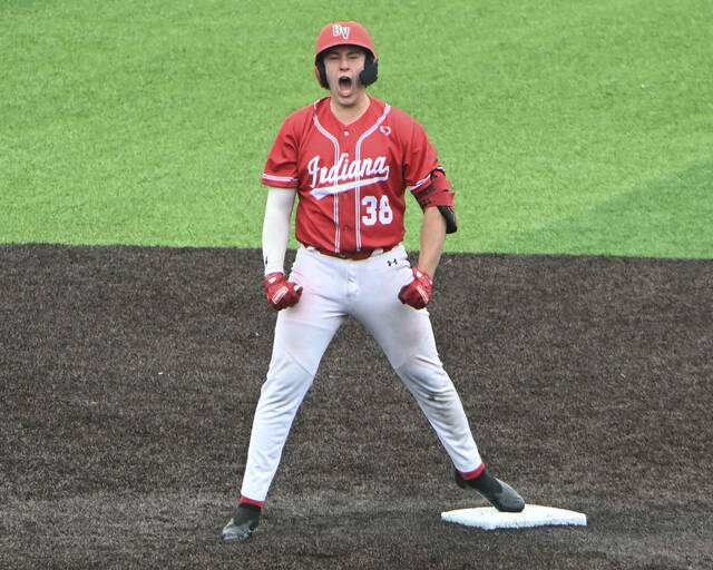 Indianas Charlie Manzi celebrates his double against Elizabeth Forward during the WPIAL Class 4A championship game last season. (Christopher Horner | TribLive)