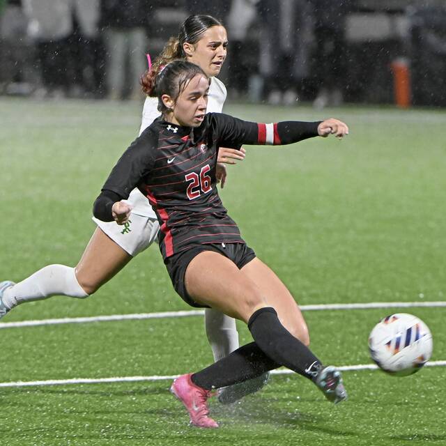 Fox Chapel’s Lily McLaughlin scores the winning goal in double overtime of the WPIAL Class 3A championship game against South Fayette on Wednesday, Oct. 29 2025, at Highmark Stadium.