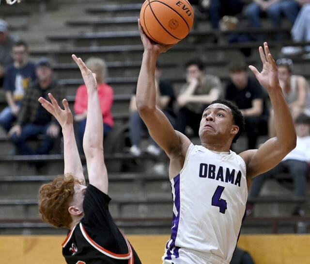 Obama Academy’s Naron Jackson scores against Cathedral Prep during their PIAA Class 4A state playoff game on Tuesday, Mar. 10, 2026, at Sharon High School. (Christopher Horner | TribLive)