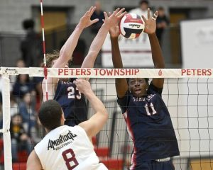 Shalers Brandon Aryee (11) and Aiden Smith block a shot by Ambridges Nathan Sheffield during the WPIAL Class 2A championship match May 24<ins>, 2025,</ins> at Peters Township. (Christopher Horner | TribLive)