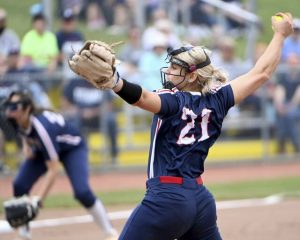 Shaler pitcher Bria Bosiljevac delivers against Penn-Trafford during the WPIAL Class 5A championship game on May 29<ins>, 2025,</ins> at North Allegheny. (Christopher Horner | TribLive)