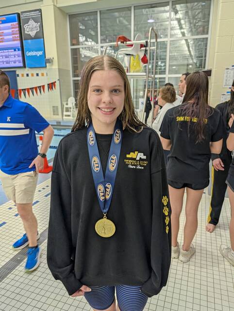 North Allegheny senior Claire Bacu won the 200 freestyle at the PIAA Class 3A swimming championships Wednesday, March 11, 2026 at Bucknell. (Michael Love | TribLive)