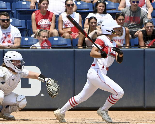Neshannocks Jaidon Nogay drives in a run against South Williamsport during the PIAA Class 2A championship game on Thursday, June 12, 2025, at Penn State. (Christopher Horner | TribLive)