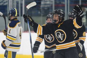 Quaker Valley's Matthias Lezama (right) reacts following a goal during the PIHL Penguins Cup Class A semifinals on Wednesday, March 11, 2026, at the RMU Island Sports Center. (Andrew Palla | For TribLive)