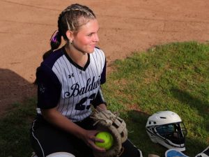 Catcher Avery Herrington gets ready for the Highlanders game against South Park on May 7, 2025, at Baldwin High School. (Harry Funk | For TribLive)