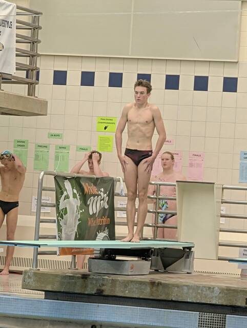 Beavers Isaac Burtt competes at the PIAA Class 2A diving championships March 13, 2026, at Bucknell. (Michael Love | TribLive)