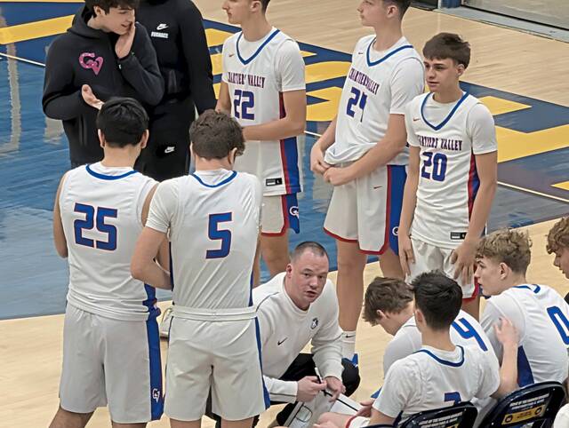 Chartiers Valley coach Corey Dotchin gives pregame instructions to the starting lineup before the Colts' PIAA Class 5A quarterfinal against Greater Johnstown on Friday, March 13, 2026 at Norwin. (Michael Kovak | For TribLive)