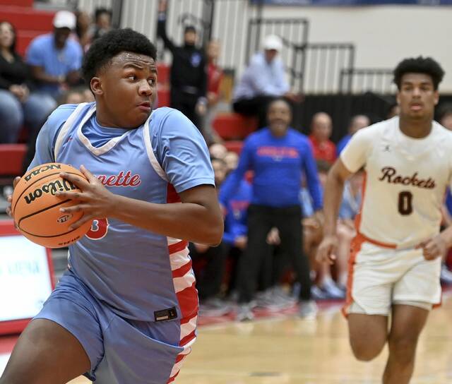 Jeannettes Markus McGowan, shown against Jefferson-Morgan during the PIAA Class 2A playoffs March 11, scored 23 points in Saturdays state quarterfinals. (Christopher Horner | TribLive)