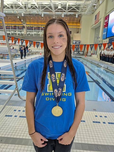 Hamptons Gabriella Elk won the PIAA Class 2A girls diving title March 14, 2026, at Bucknell. (Michael Love | TribLive)