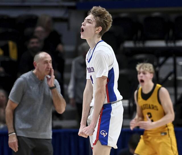 Chartiers Valley’s Luca Federico celebrates after scoring against Thomas Jefferson during the WPIAL Class 6A championship game on Saturday, Feb. 28, 2026, at Petersen Events Center. (Christopher Horner | TribLive)