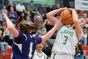 South Fayette's Haylie Lamonde (3) hauls in a rebound in the PIAA Class 5A quarterfinals Saturday, March 14 at Peters Township. (Andrew Palla | For TribLive)