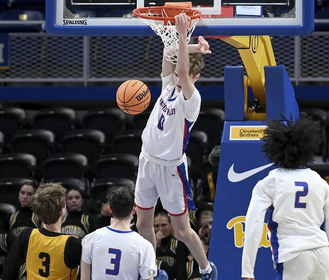 Chartiers Valley’s Luca Federico dunks against Thomas Jefferson during the WPIAL Class 5A championship game on Saturday, Feb. 28, 2026, at Petersen Events Center. (Christopher Horner | TribLive)