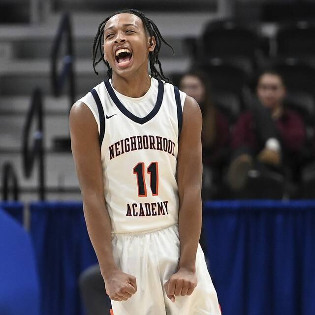 The Neighborhood Academy’s Kedron Gilmore celebrates as time expires in the WPIAL Class A championship game against Serra Catholic on Thursday, Feb. 26, 2026, at Petersen Events Center. (Christopher Horner | TribLive)
