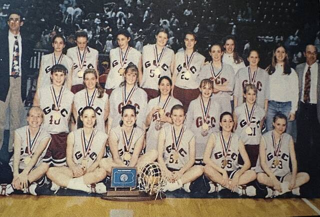 The 1997 Greensburg Central Catholic girls basketball team. Front, from left: Anna Weber, Robin Mull, Hillary Prokay, Becky Berret, Theresa Dannhardt, Jennifer Berret; Second row: Meghan McManus, Kari Sochaki, Mara Brecht, Alicia Caranese, Sarah Kovach, Shannon Baker; Third row: Assistant coach Ed Pultz, Dena Vallano, Jocelyn Lesko, Christina Reitano, Missy Rakers, Christine Caruso, Becky Pirney, manager Sarah Scott, Aimee Nicola, manager Stephanie Pilipovie, head coach Scott Breegle. (Submitted photo)