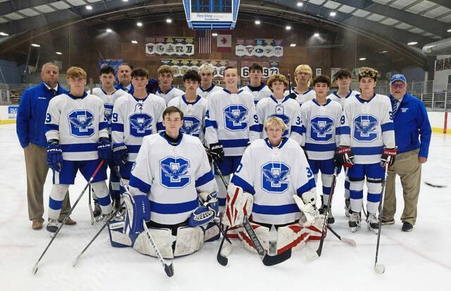 Connellsville begins play in the 2026 Chipotle USA Hockey High School National Championships on Wednesday, March 18, 2026, in Plymouth, Minn. The team includes players from Southmoreland and Mt. Pleasant. (Courtesy of Ian J. Zimmerman/Limitless Marketing)