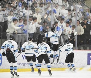 Seneca Valleys Tyler Maxwell celebrates his first-period goal against Peters during the PIHL Class 3A championship game Tuesday at UPMC Lemieux Sports Complex. (Chaz Palla | TribLive)