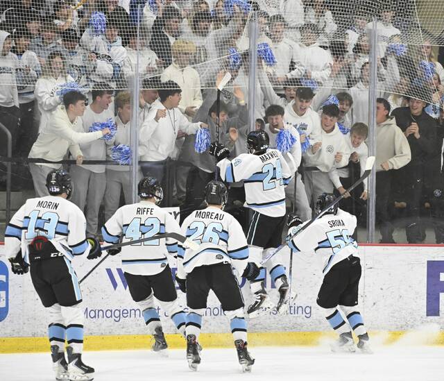 Seneca Valleys Tyler Maxwell celebrates his first-period goal against Peters during the PIHL Class 3A championship game Tuesday at UPMC Lemieux Sports Complex. (Chaz Palla | TribLive)