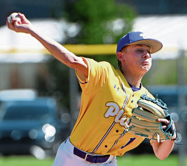 Plum pitcher Braden Kemmerer throws against Franklin Regional last season. (Christopher Horner | TribLive)
