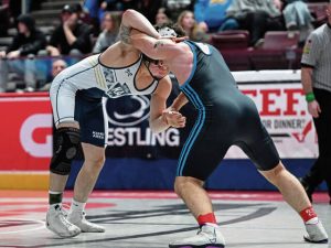 Kiski Areas Mario Hutcherson beats Nazareth Areas Brayden Zuercher during a PIAA Class 3A 189-pound semifinal bout March 6 at Giant Center. (Chaz Palla | TribLive)