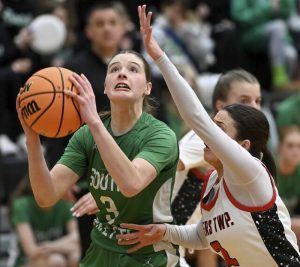 South Fayettes Hailey Lamonde scores past Peters Townships Bri Morreale during their PIAA Class 5A semifinal Tuesday at Bethel Park. (Christopher Horner | TribLive)