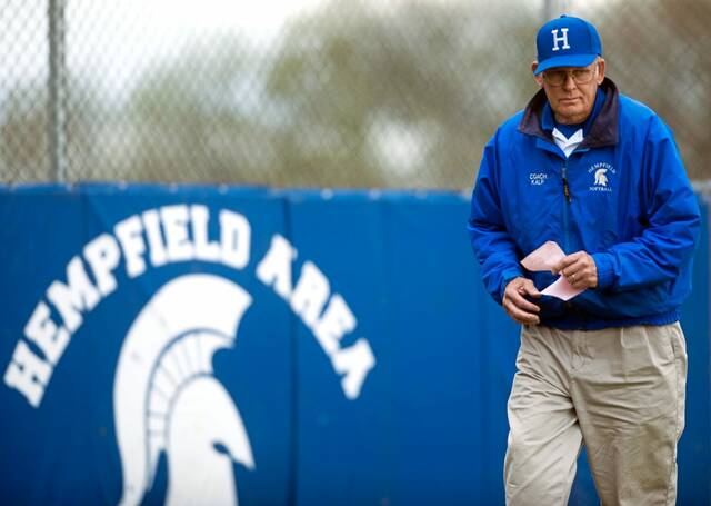 Hempfield coach Bob Kalp looks on during a 2014 game. (Christopher Horner | TribLive)