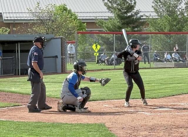 Upper St. Clairs Cooper Stutzman stands in against Chartiers Valley on Wednesday, May 7, 2025. (Don Rebel | TribLive)