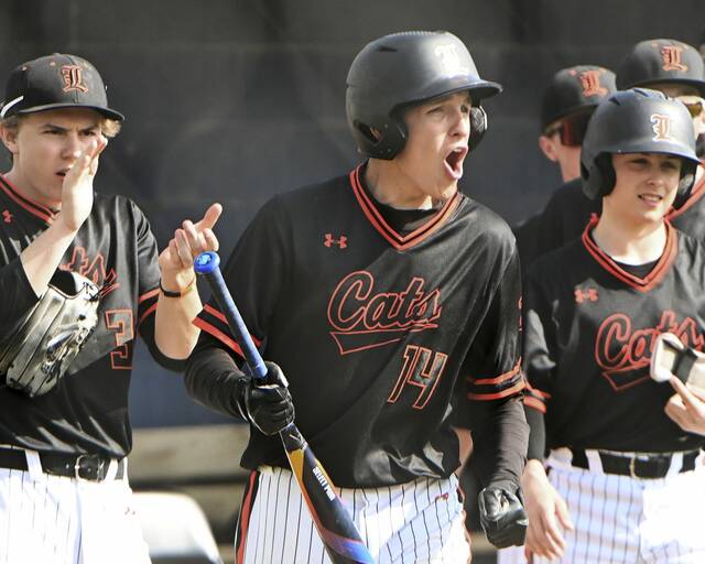 Latrobes Cole Short celebrates during a game against Franklin Regional last season. (Christopher Horner | TribLive)