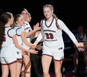 Greensburg Central’s Erica Gribble takes the court during player introductions before the PIAA Class 3A state championship game on Thursday, Mar. 19, 2026, at Giant Center in Hershey. (Christopher Horner | TribLive)
