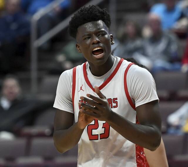 Sewickley Academys Mamadou Kane celebrates after scoring against Old Forge during the PIAA Class 2A championship game Friday at Giant Center in Hershey. (Christopher Horner | TribLive)