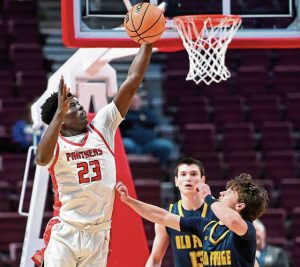Sewickley Academys Mamadou Kane works over Old Forges Camren Krushnowski during the PIAA Class 2A championship game March 20 at Giant Center in Hershey. (Christopher Horner | TribLive)