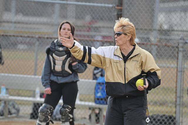 Former Valley softball coach Carol Perroz prepares her team for the for the 2019 season. Perroz stopped coaching in 2023 but is still an active softball player. (TribLive)
