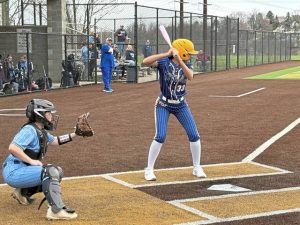 West Mifflins Mia Bey stands in the batters box against Burrell on Wednesday. (Don Rebel | TribLive)