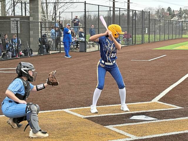 West Mifflins Mia Bey stands in the batters box against Burrell on Wednesday. (Don Rebel | TribLive)