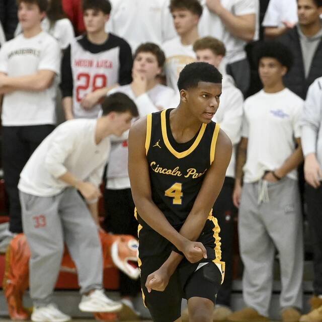 Lincoln Park’s Josh Pratt celebrates after scoring on Wednesday, Dec. 10, 2025, at Moon. (Christopher Horner | TribLive)